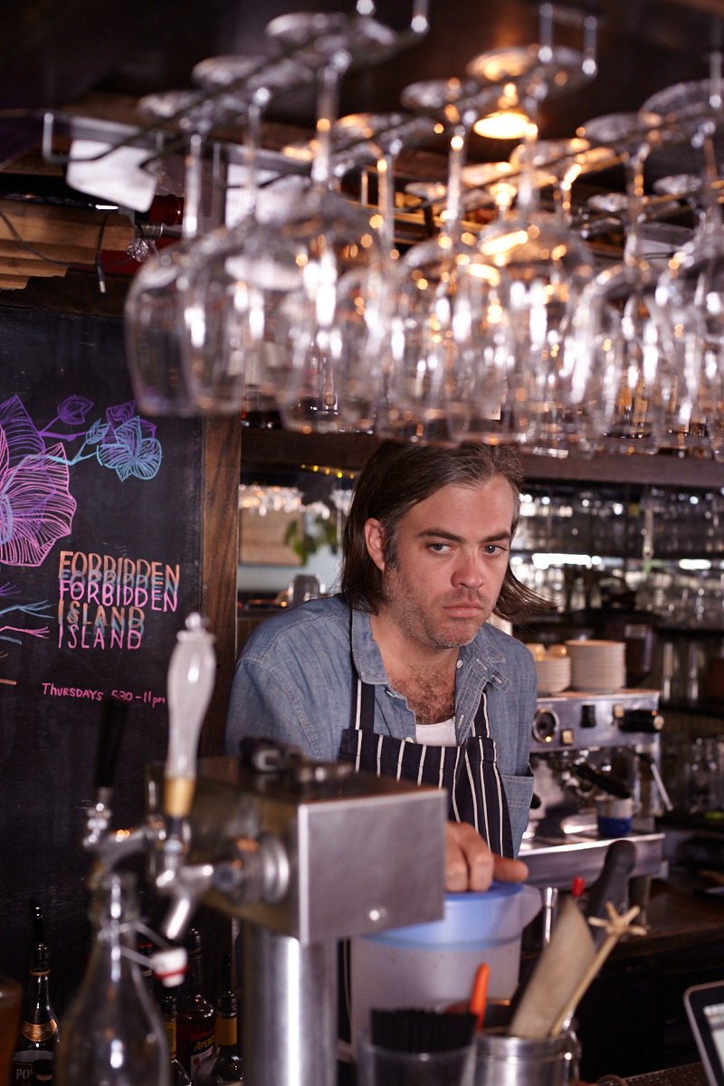 Fort Defiant, Interior of bar with bartender in Red Hook, Brooklyn, NYc