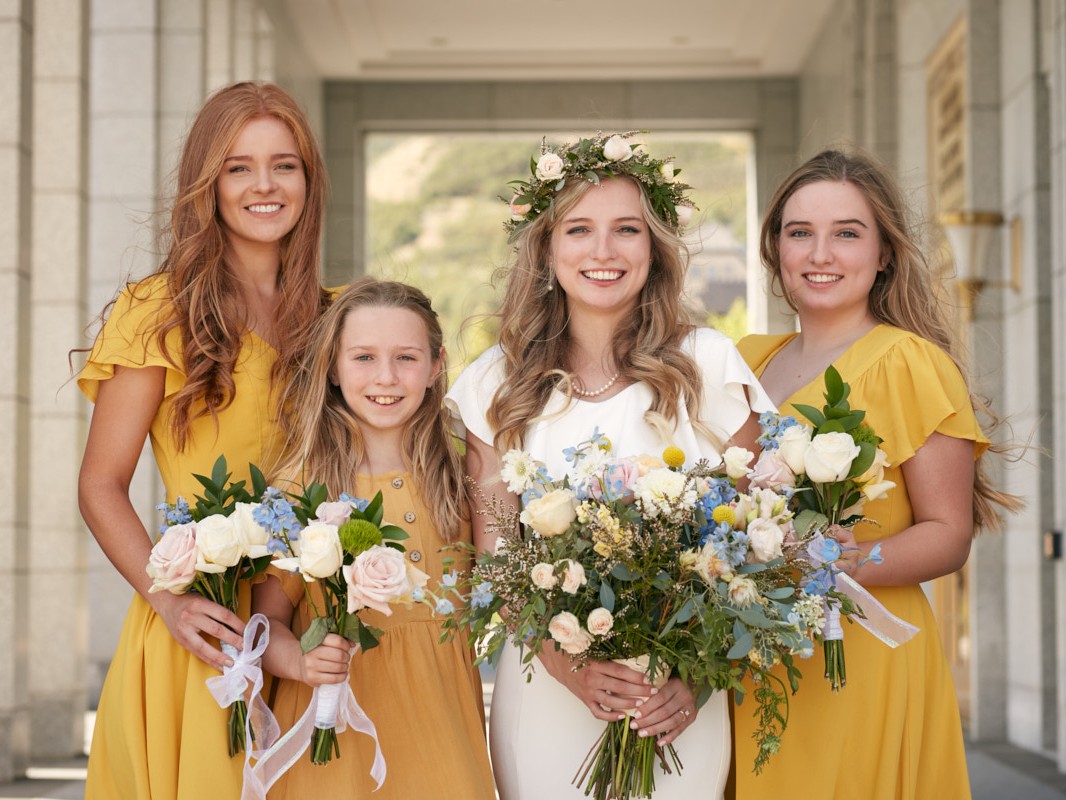 Portraits of LDS bride and bridesmaids after being married in a Mormon temple Utah