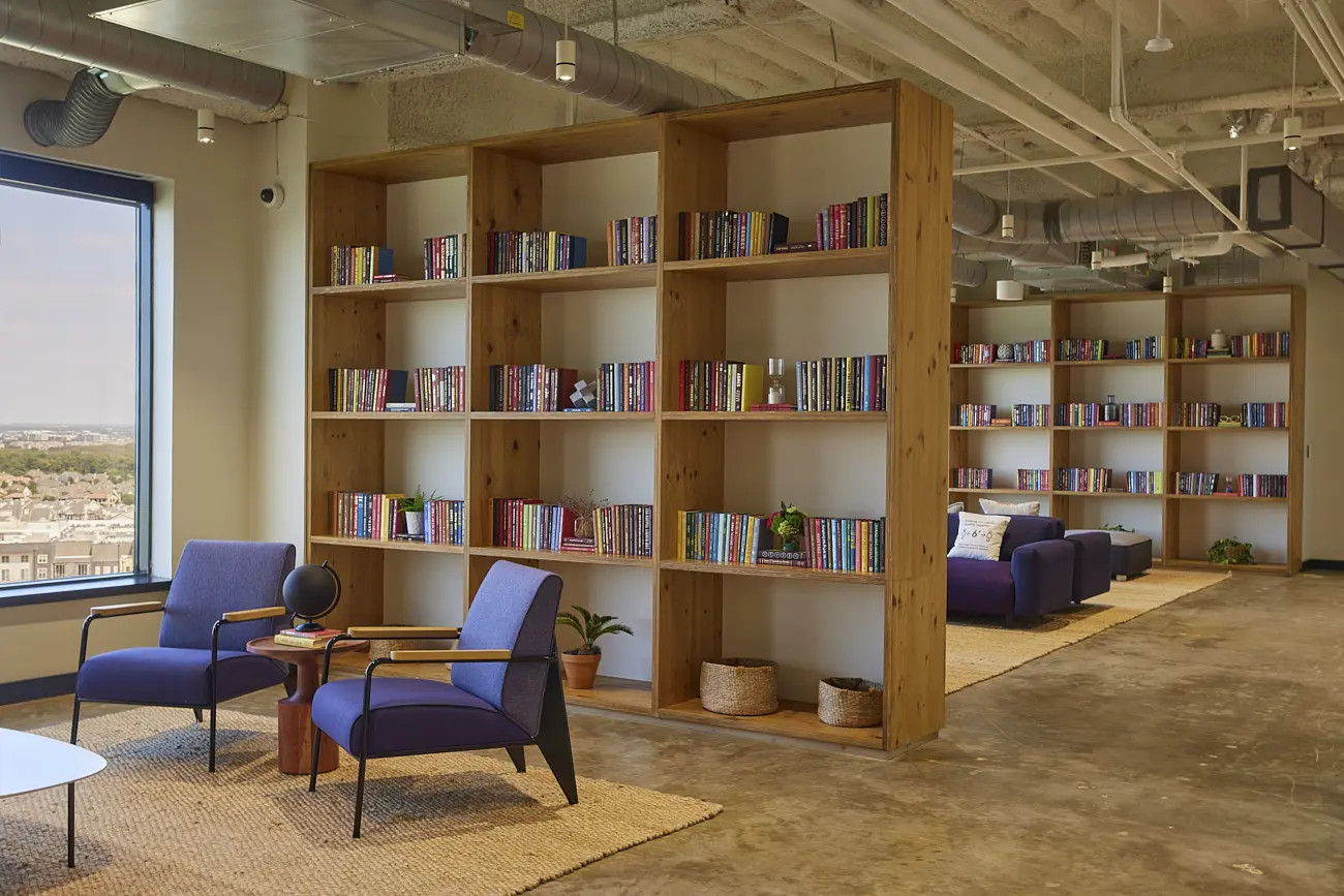 Dallas Architecture Photographer | Interior Photography of Bookshelves at Co-Working Office Space WeWork
