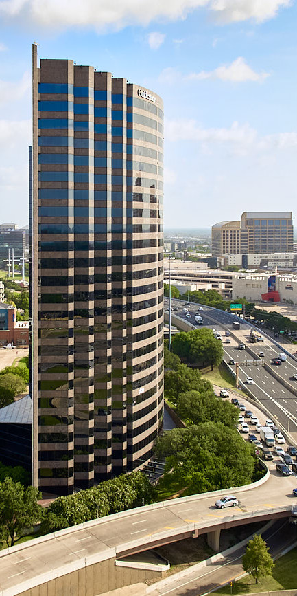 Aerial Drone Photography of Pinnacle Tower with North View of Toll Road and Galleria Mall Dallas Texas